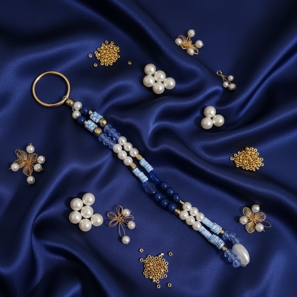 Hand Crafted Accessories - Elegant Blue and White Beaded Keychain